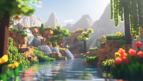 Voxel river valley under soft sunlight with blooms.