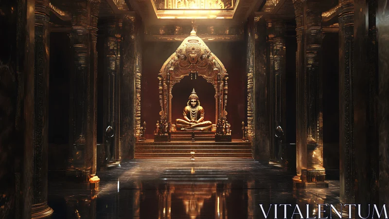 Golden temple hall glows softly around a serene seated statue