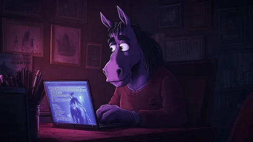 Purple humanoid horse character typing on glowing laptop