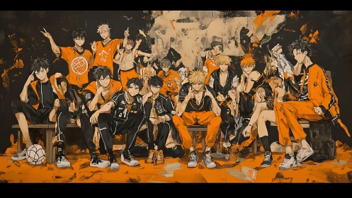 Dynamic anime basketball squad in bold orange uniforms.
