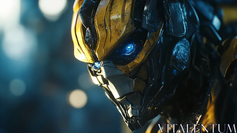 Yellow robotic head with illuminated blue eye in close view.