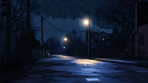 Quiet neighborhood street glowing softly under midnight stars.