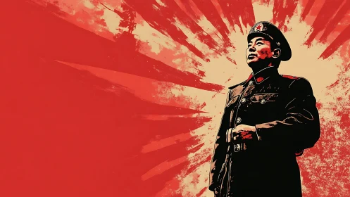 Propagandist military portrait with radial red sunburst field.