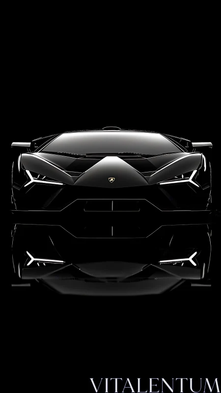 Black supercar front view on black background, reflective.