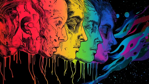Color spectrum faces dissolve into fluid cosmic stream
