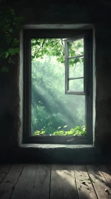 Old wooden window opens onto sunlit green forest view