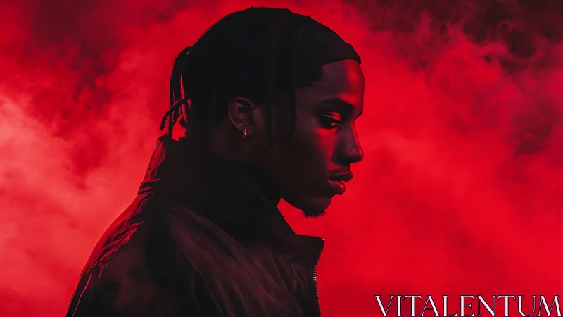 Crimson haze crowns a moody silhouette in electric quiet.