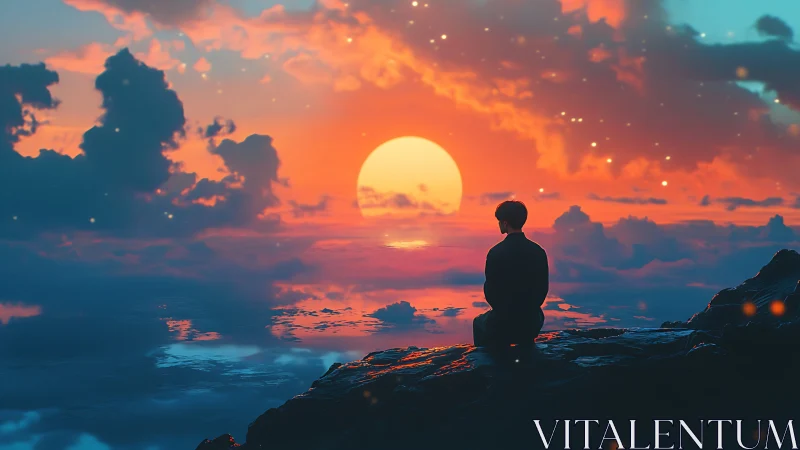 Solitude on a sky-tide cliff beneath ember-soaked sunset.