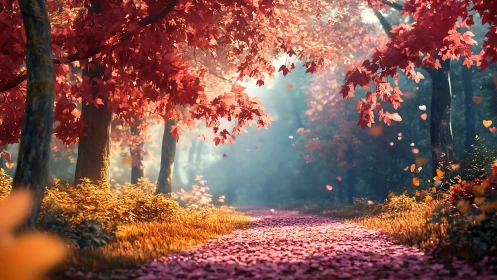 Autumn Forest Canopy: Golden Leaves and Mystical Light Path