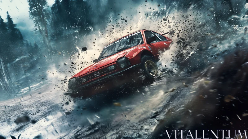 Rally car exploding through mud in dynamic forest storm scene.