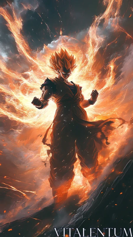 Fiery anime warrior ascends within blazing cosmic storm.