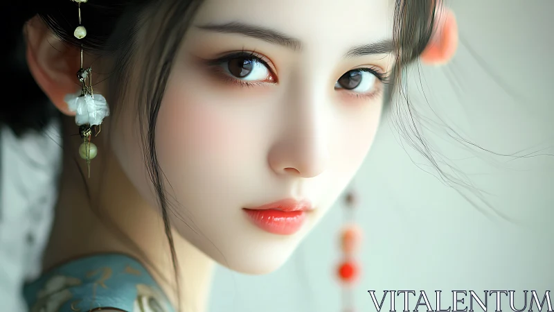 Digital portrait closeup of elegant woman in hanfu style.