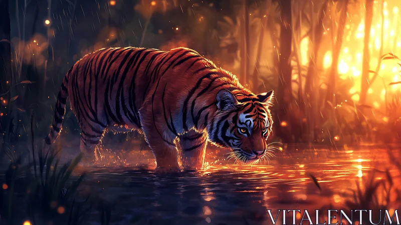 Emberlit Tiger Crossing: Silent Hunter in Liquid Firelight.