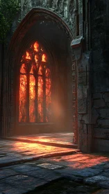 Fiery light spills through ancient gothic archway at dusk