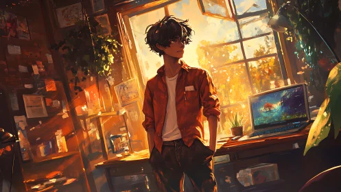 Backlit teen artist in sunset lit studio workspace interior