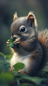 Juvenile squirrel holds green leaf while sitting in foliage