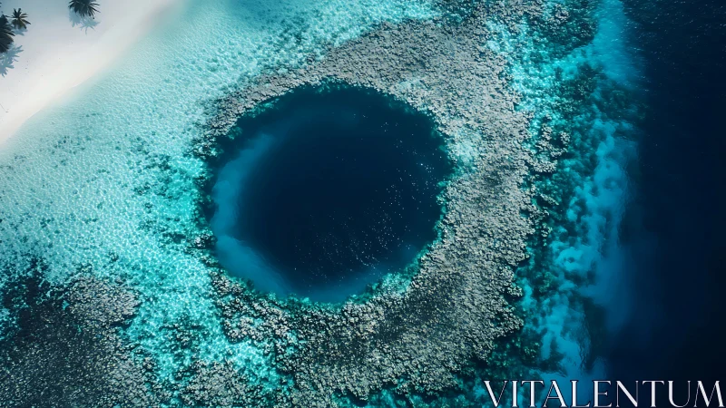 Aerial optical survey of circular marine sinkhole and reef ring.
