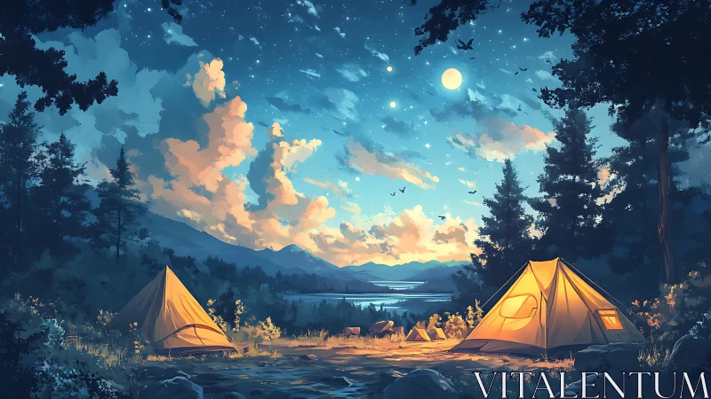 Moonlit forest campsite under glowing star-filled sky.