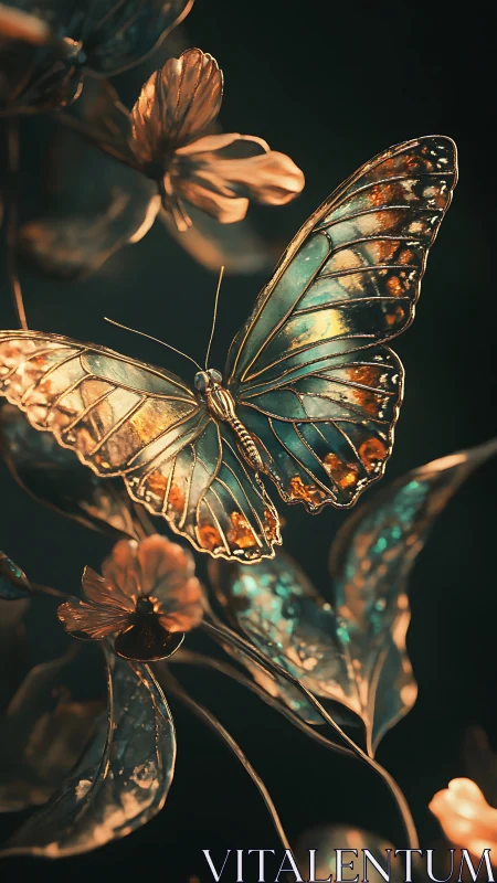 Gilded butterfly glows in moody teal and amber light