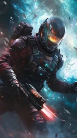 Brave space explorer drifting through a glowing cosmic storm.