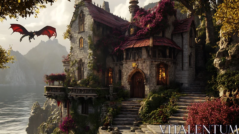 Clifftop stone manor with dragon above misty mountain lake