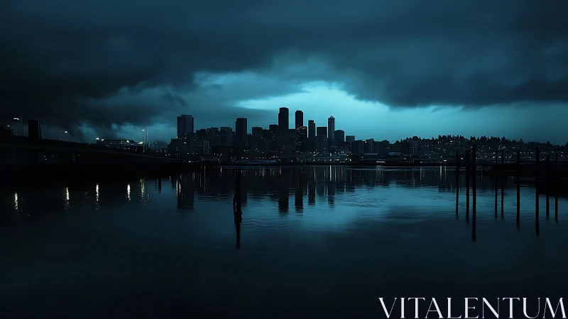 Moody waterfront skyline glows beneath deep storm clouds