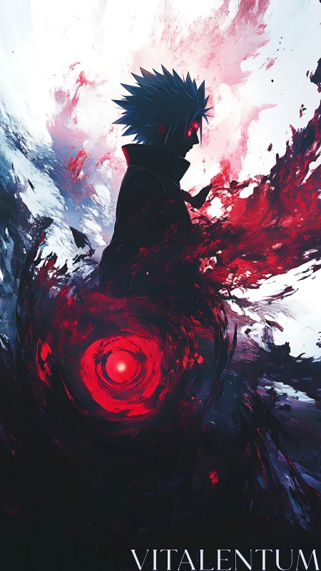 Silhouetted anime figure channels swirling crimson vortex energy