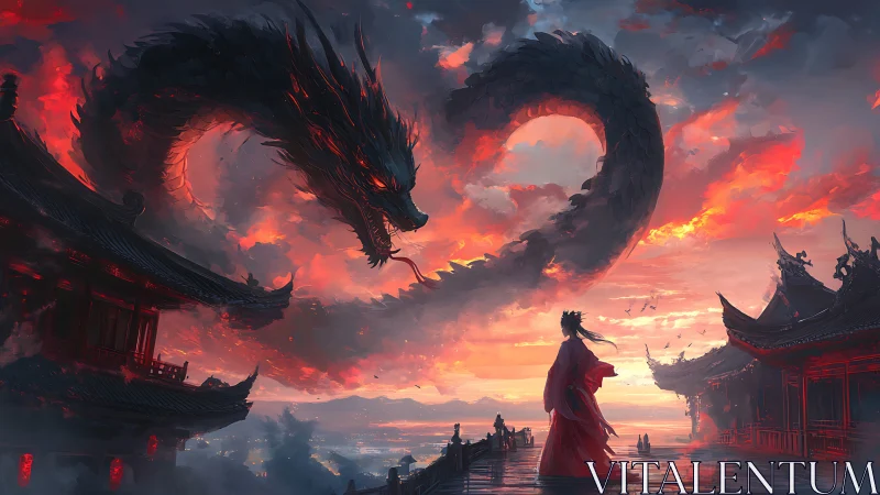 Stormforged dragon coils above crimson temple skies at dusk.