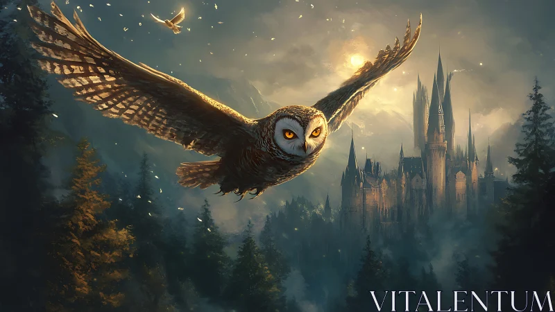 Large owl flies over conifer forest toward distant castle