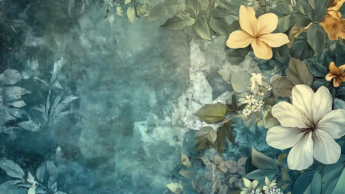 Floral composition with textured teal background.