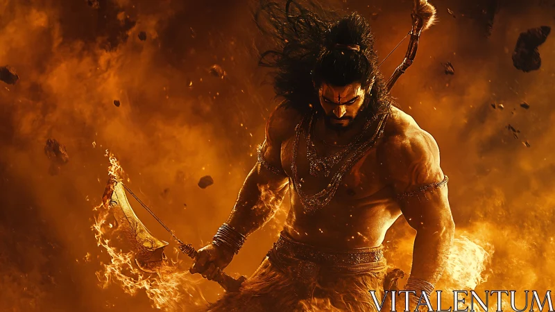 War-god strides through molten storm, axe wreathed in fury.