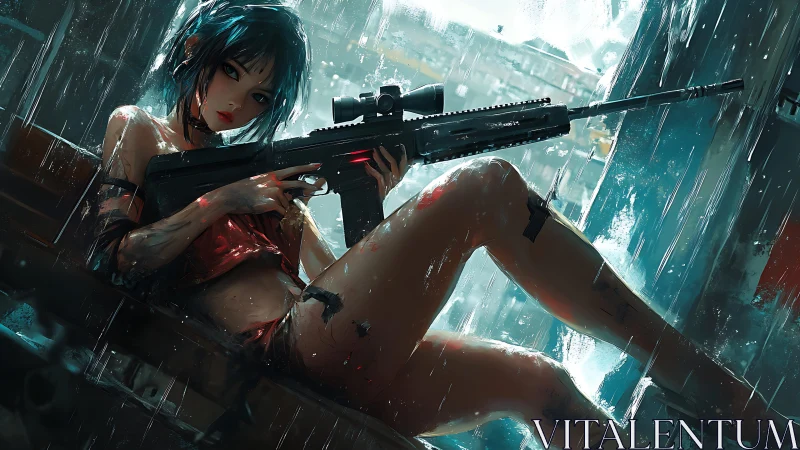 Rainlit sniper siren reclines in storm-splashed neon hush.