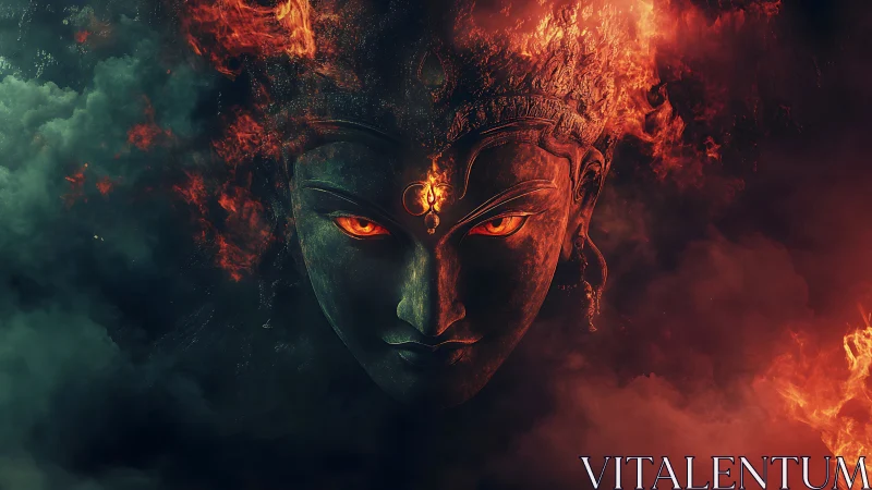 Divine fiery visage emerges from turbulent smoke in digital chiaroscuro