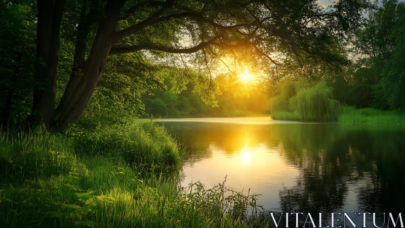 Golden evening sunlight gently warms a peaceful forest lake