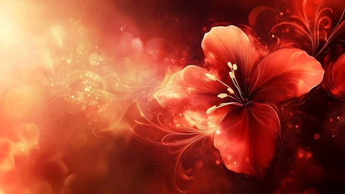 Luminous Red Flowers with Glowing Particles and Dynamic Light Trails.