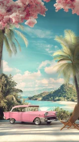 Pink classic car parked by tropical ocean terrace.