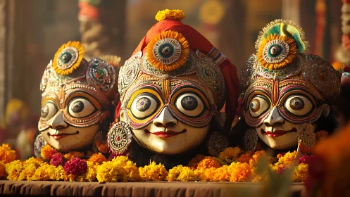 Festive deity masks beaming over a river of marigolds.