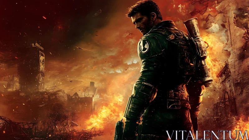 Armored lone soldier surveys burning postwar city ruins.