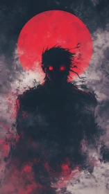 Shadowed figure stands before a blood-red, apocalyptic moon