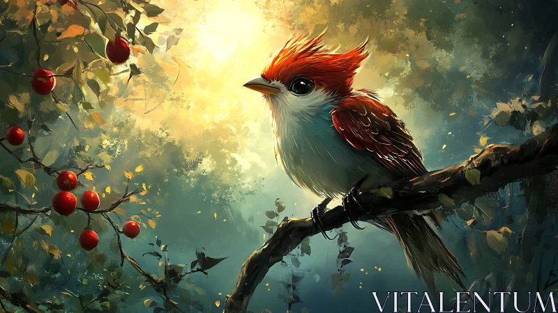 Vibrant red-crested bird perched on branch in dreamy digital painting.