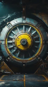 Heavily weathered circular blast door shows radial locking mechanism