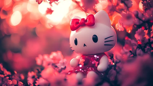 Hello Kitty Character Figurine Surrounded by Pink Flowers