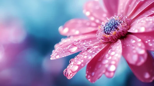 Pink Gerbera Daisy with Rainwater Droplets on Blue Background.