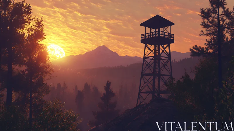 Sunset-lit forest watchtower silhouette against layered mountain haze