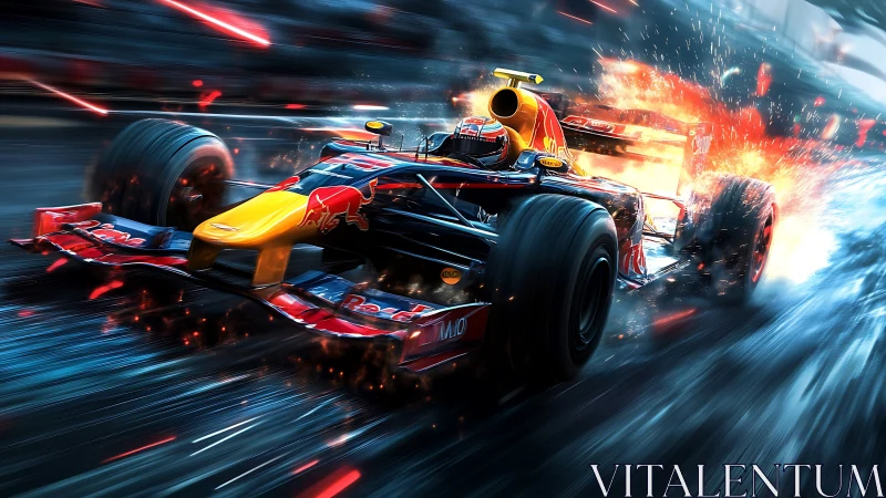 Formula race car accelerates through wet track with motion blur