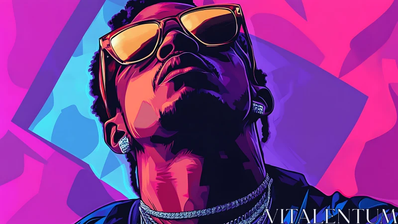 Neon portrait magnifies confident gaze and reflective shades.