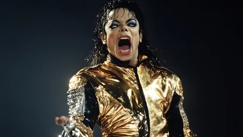 Electric stage performer in gold jacket commands spotlight.