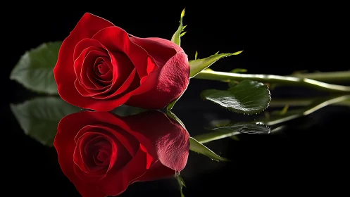Red rose with reflection against black background.