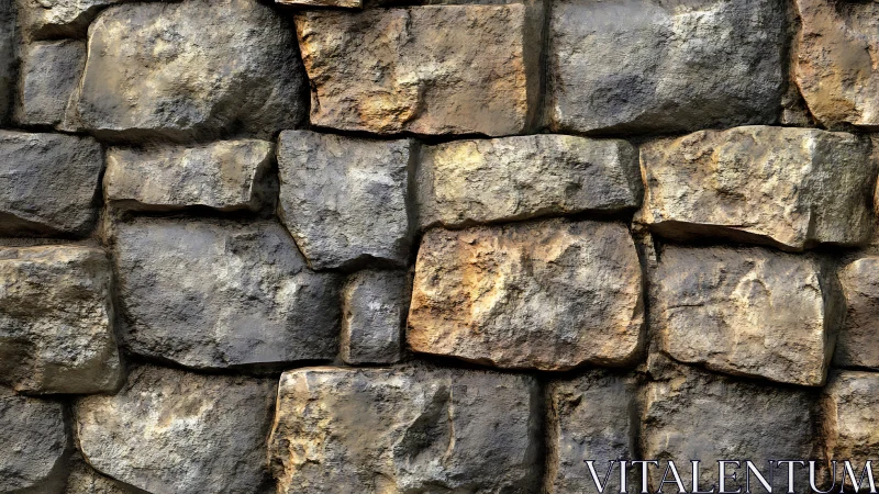 Weathered stone block wall in rough staggered pattern.