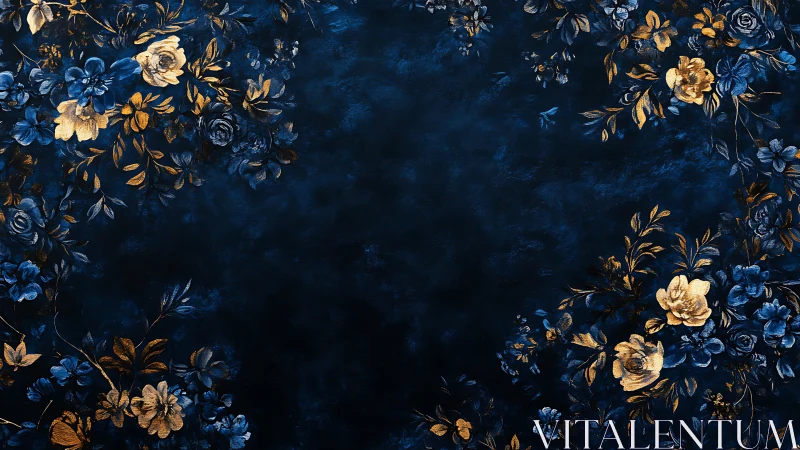 Gold and Blue Floral Border Design on Dark Background.